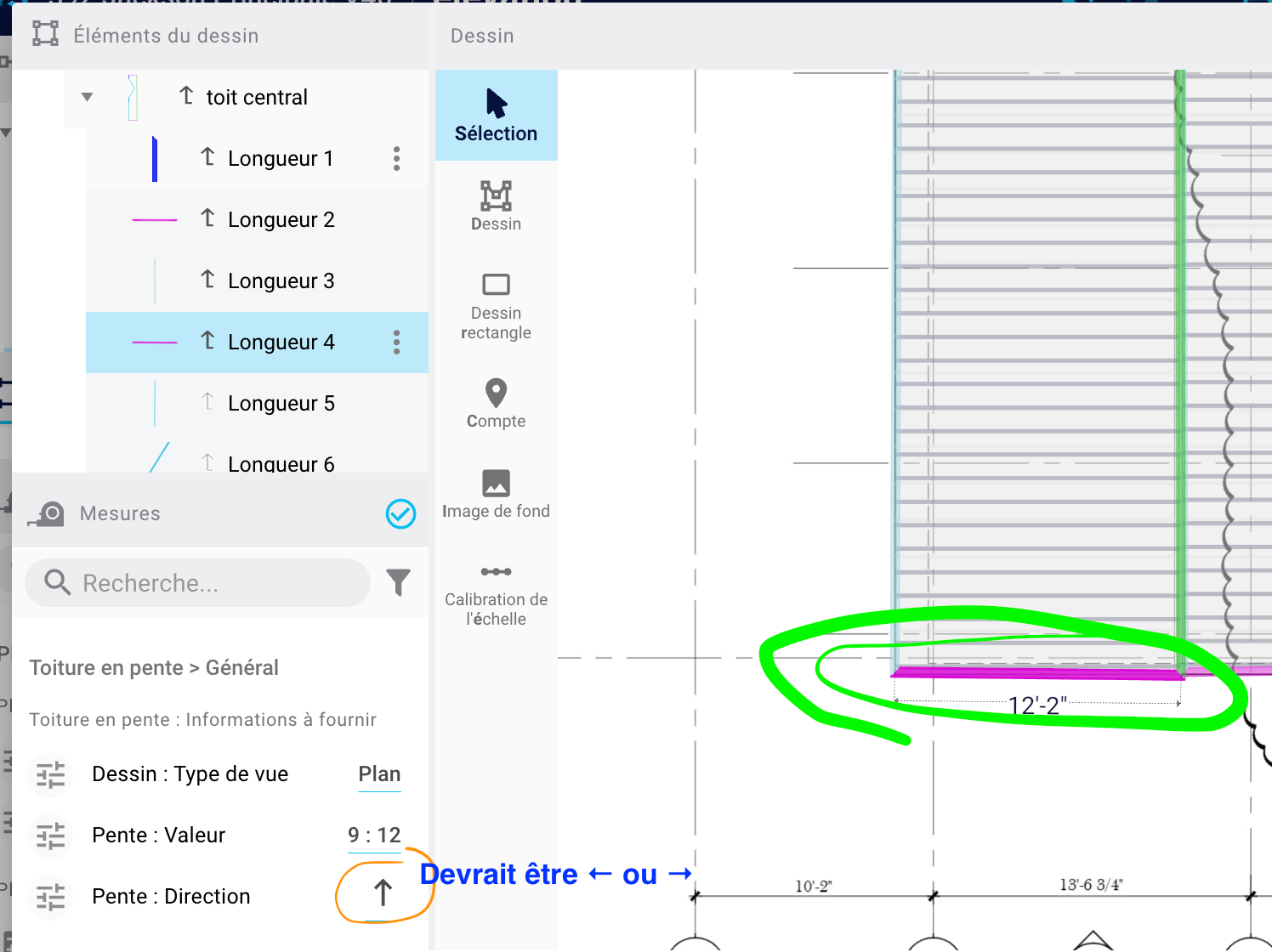 Set the roof pitch value (e.g., 9:12) and choose the correct slope direction (← or →) so linear cuts are computed correc