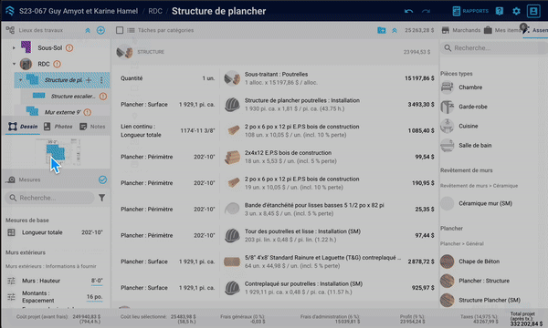 Navigate to the task list (Structure de plancher) before opening a quantity’s details to build the formula