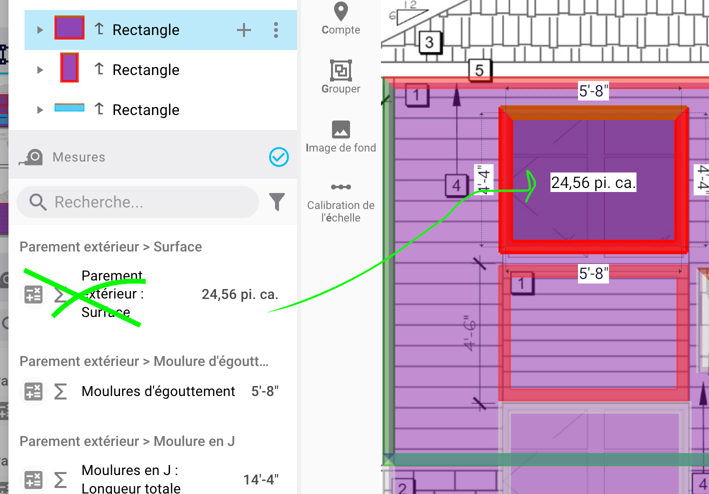 Draw window/door rectangles over the siding and confirm subtraction for automatic exclusion