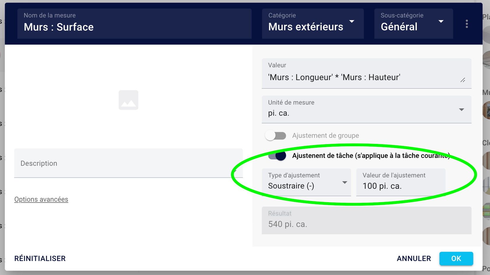 In Measure details, apply a Task Adjustment set to Subtract and enter the total openings area