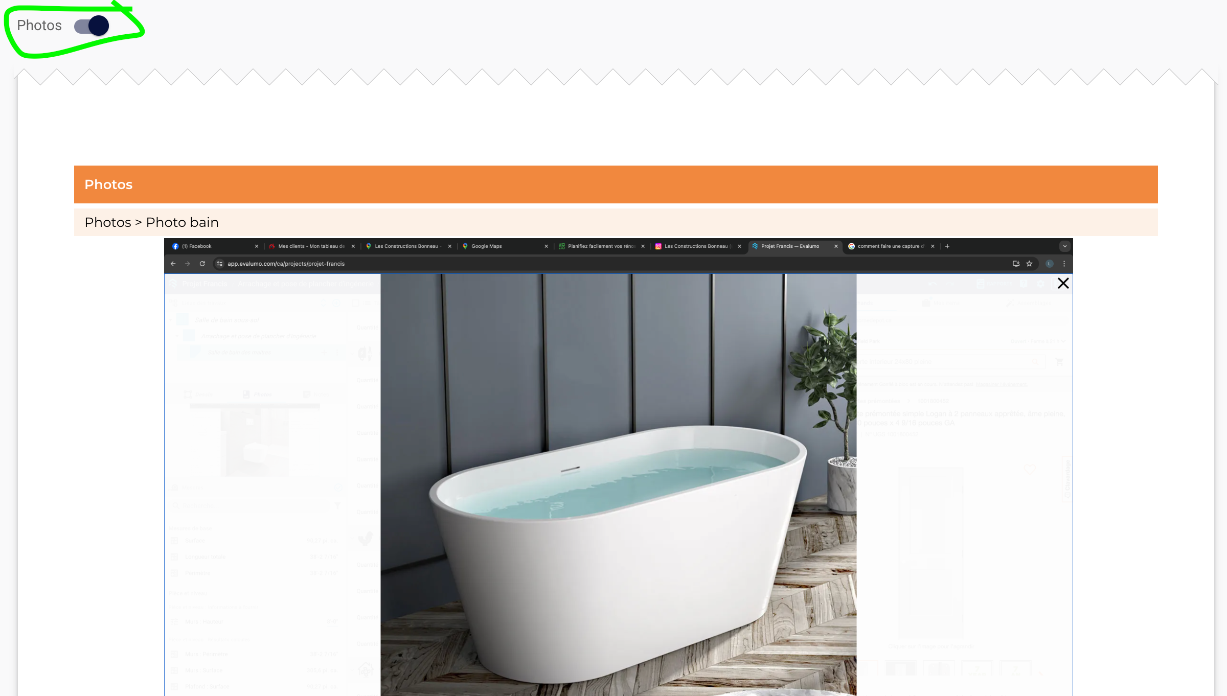 Open a specific photo item (e.g., 'Photo bain') to preview the picture that should appear in the PDF export