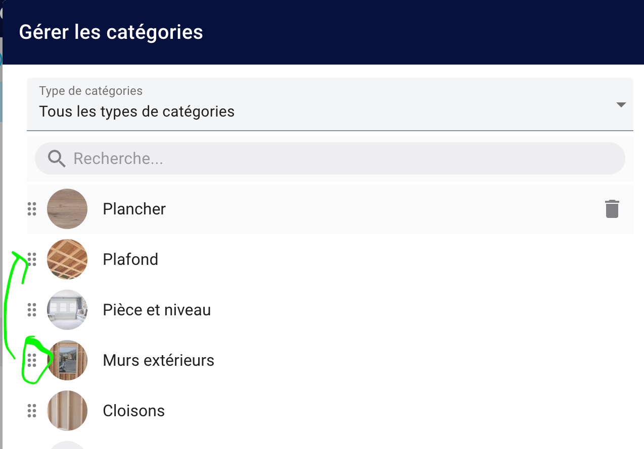 In Manage Categories, select All category types and drag the six-dot handle to reorder