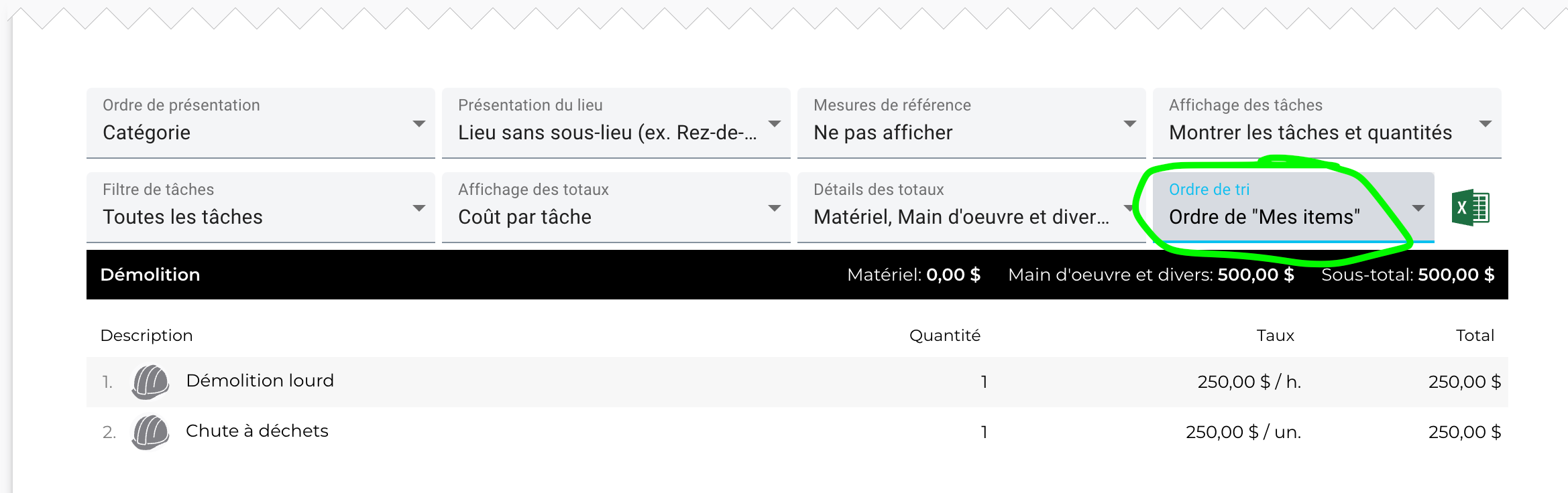 To reflect your custom order in reports, set Sort order to Order from “My items”