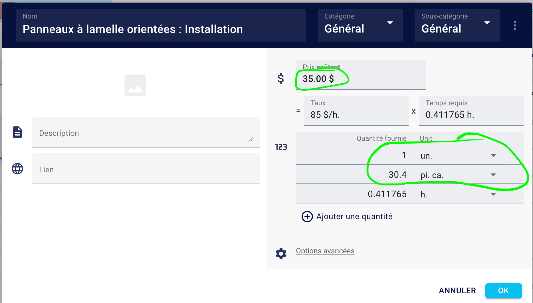 Open the cost editor to verify Required time (h) and the quantity unit; adjust time per unit to control labor calculatio