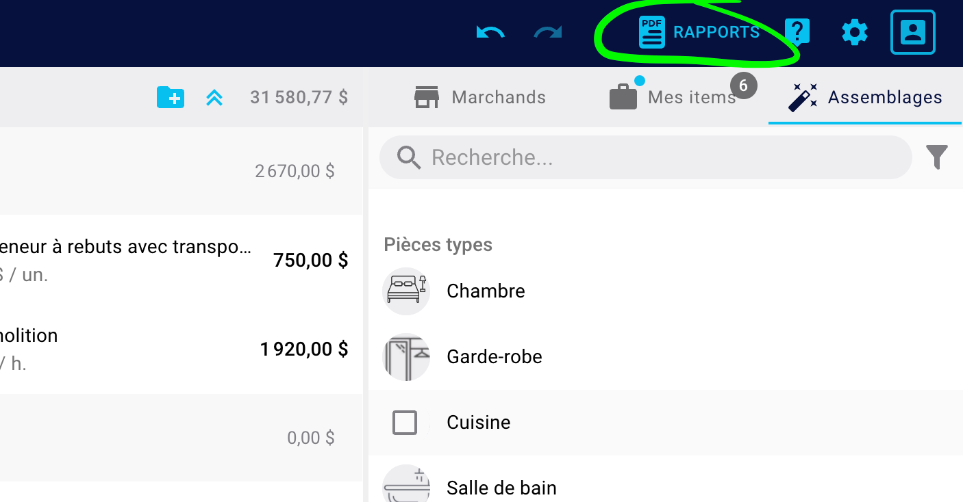 Open Reports (Rapports) from the top bar to configure Fees