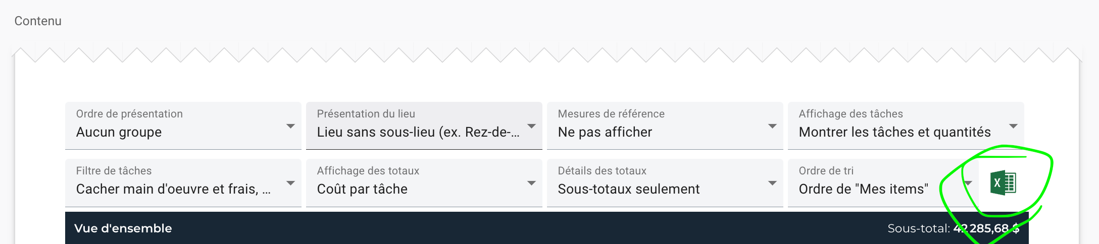 Enable Show tasks and quantities, hide labor, choose grouping, then click the Excel icon to export