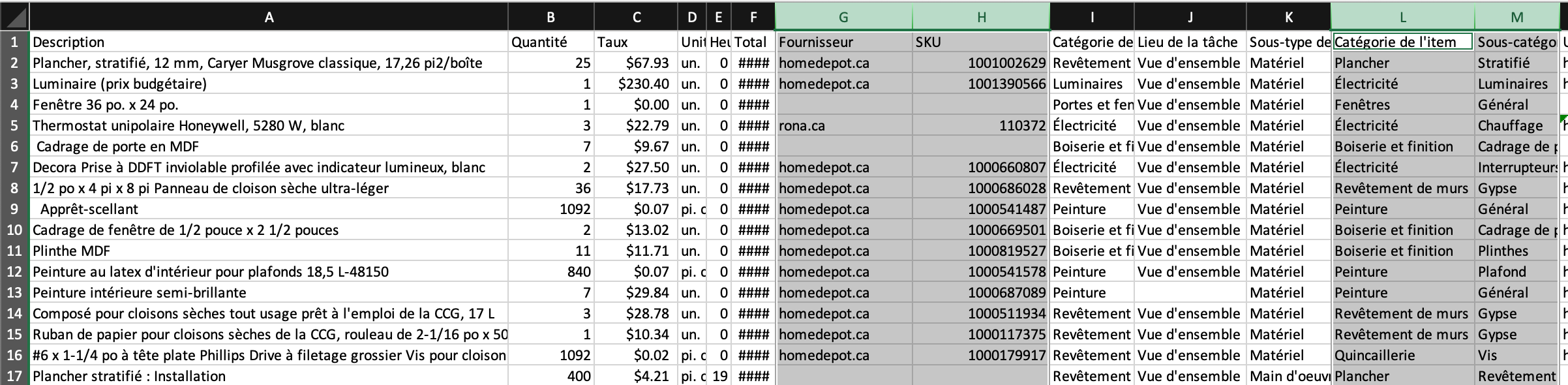 Open the exported Excel file to verify item quantities and categories