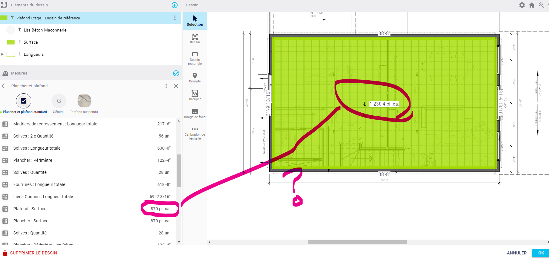 Confirm the adjusted ceiling area after setting the pitch—the overlay should reflect the increased square footage